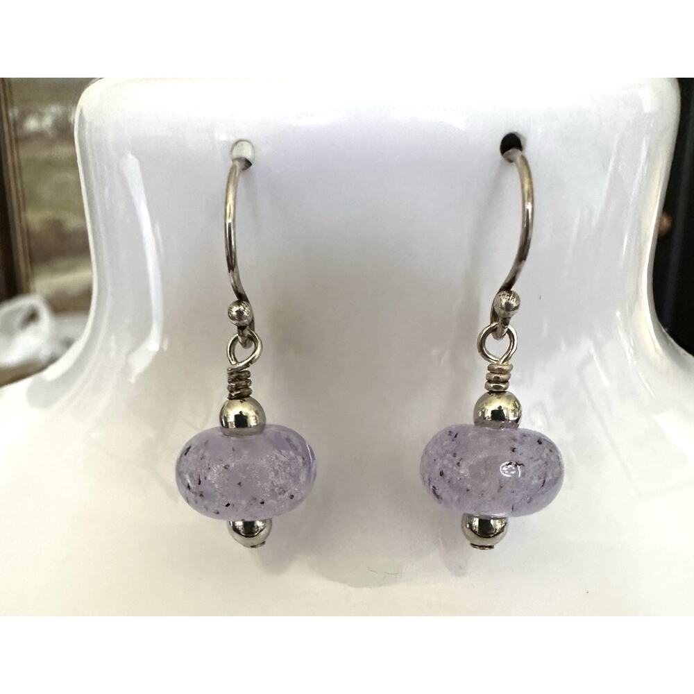 Silver 925 Shimmery Lavender Lamp Work Glass Bead Dangle Ornament Earrings